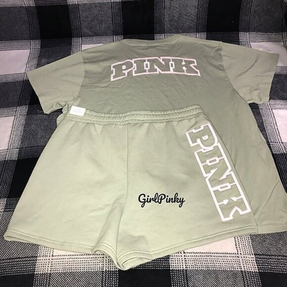 VS PINK IVY FLEECE CLASSIC FIT SHORTS & CAMPUS LOGO TEE IN GARDEN GREEN XS-XXL - Picture 3 of 7